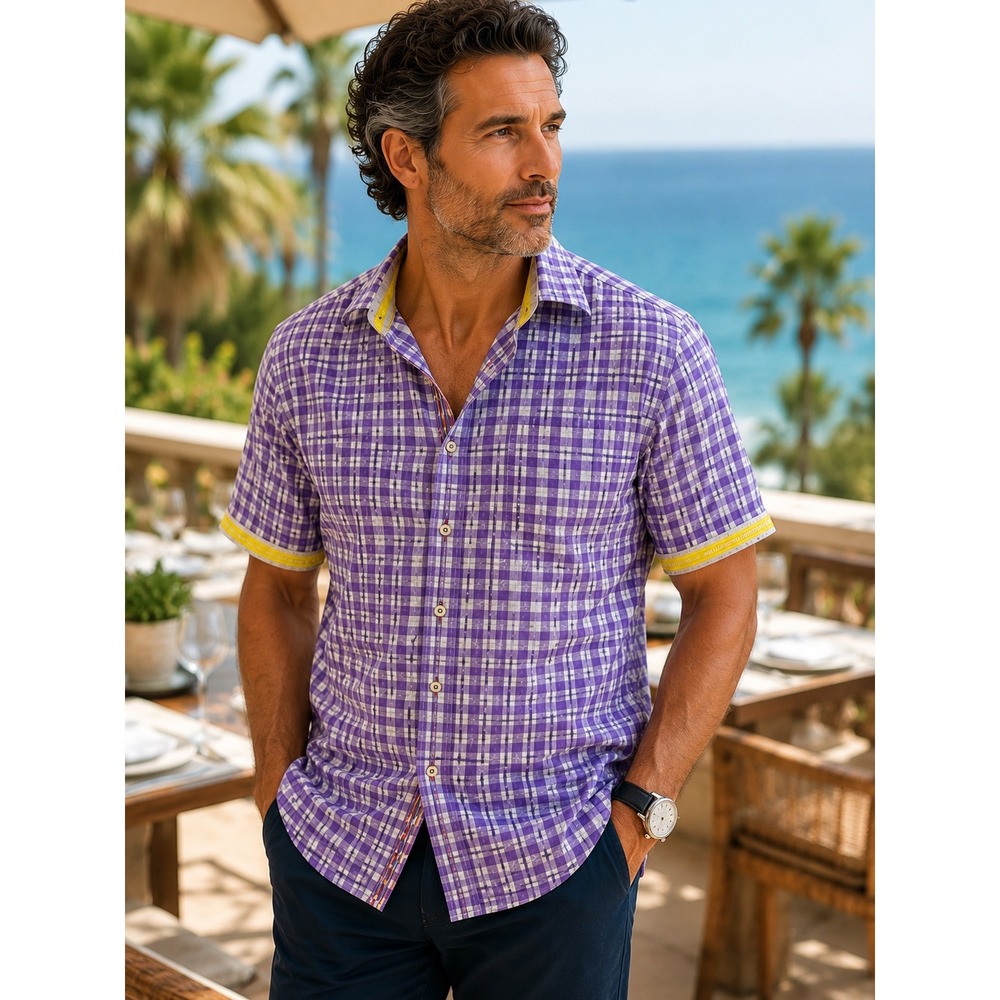 Robert Graham X Purple Plaid Cotton Short‎ Sleeve Shirt XL Tailored Fit